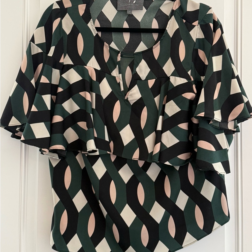 Sunday in Brooklyn Green and Pink Geometric Blouse